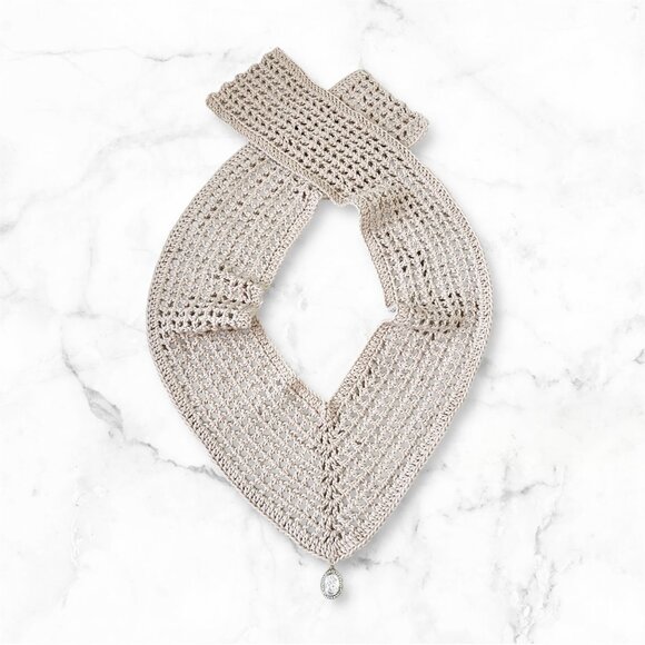 Crochet Shawl Scarf Triangle Beige Cotton Yarn with Pendant, Brand New Handmade - Picture 6 of 6